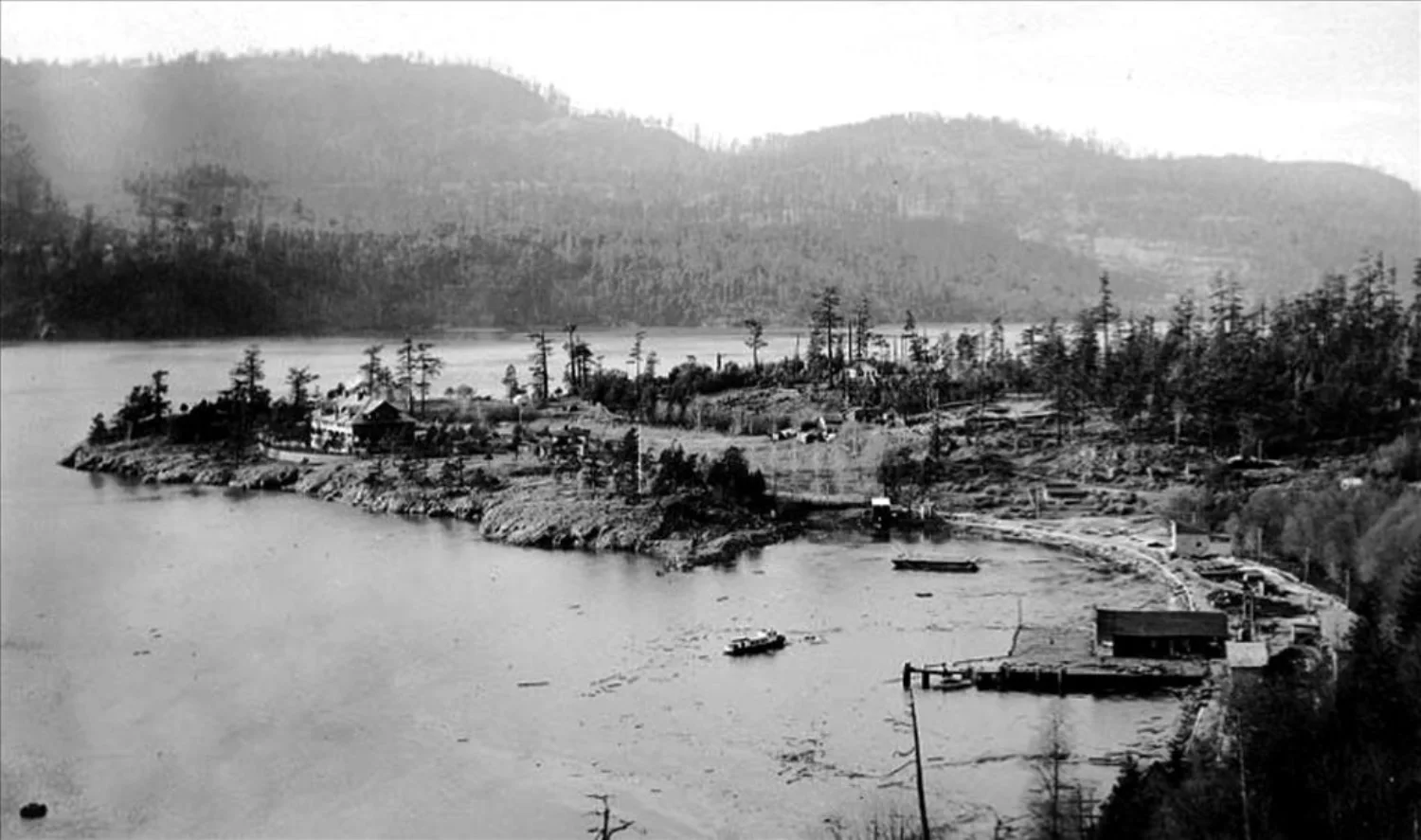 Historic view of Rosario Harbor and The Beach House on Orcas Island